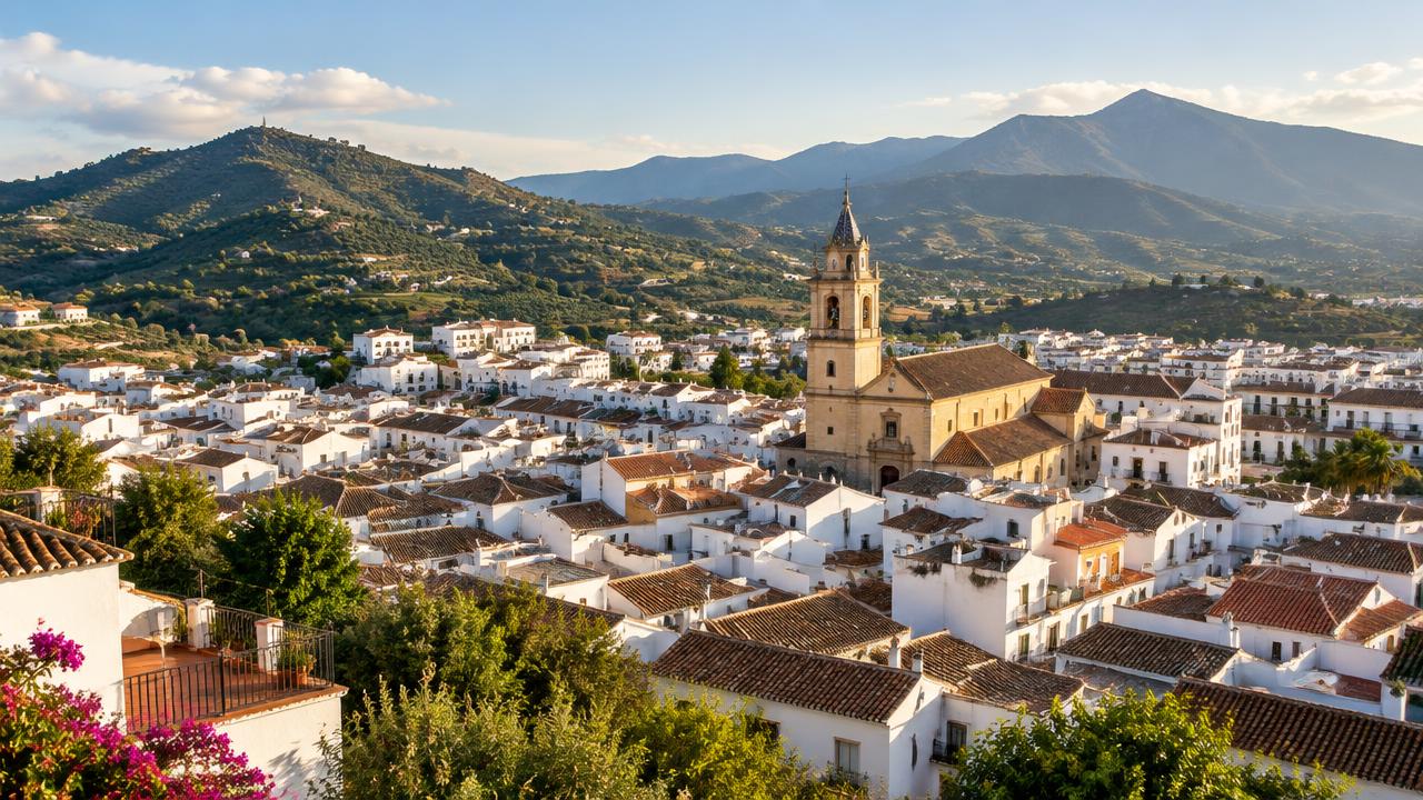 Panoramic view of Coín, Spain with town center, hills and local area near cannabis clubs