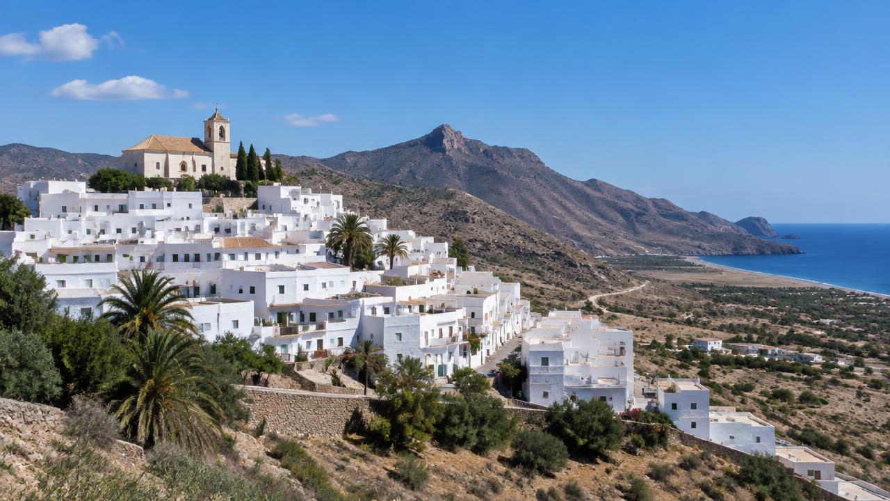 Panoramic view of Níjar in Almería, Spain with historic town and surrounding landscape near cannabis clubs